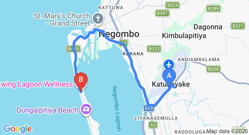 Driving route map: Colombo Airport (CMB) to Jetwing Thalahena Villas, Negombo (16 km, approx 35 min private transfer)