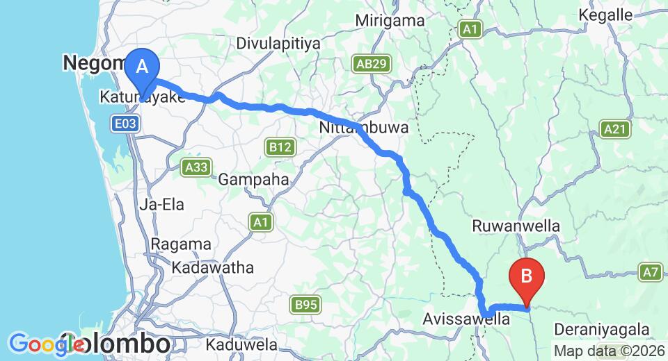 Driving route map: Colombo Airport (CMB) to The Talduwa Manor Dehiowita, Avissawella (60 km, approx 1 h 43 min private transfer)