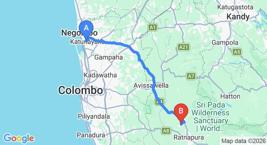 Driving route map: Colombo Airport (CMB) to Lake Serenity Boutique Hotel, Ratnapura (87 km, approx 2 h 31 min private transfer)