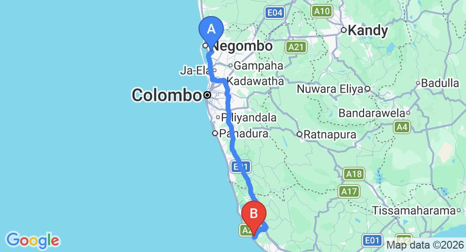 Driving route map: Colombo Airport (CMB) to Villa Kurundu, Hikkaduwa (142 km, approx 2 h 5 min private transfer)