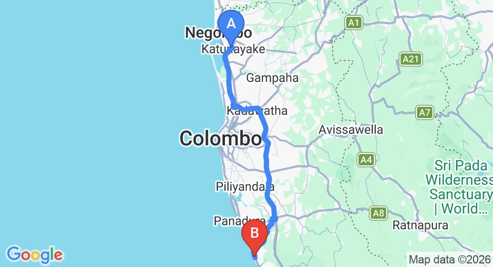 Driving route map: Colombo Airport (CMB) to Coco Royal Beach Hotel, Kalutara (80 km, approx 1 h 24 min private transfer)