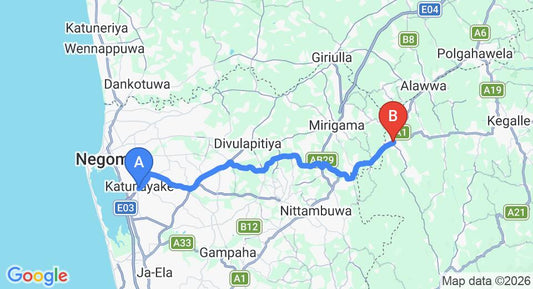 Driving route map: Colombo Airport (CMB) to Warakapola (45 km, approx 1 h 18 min private transfer)