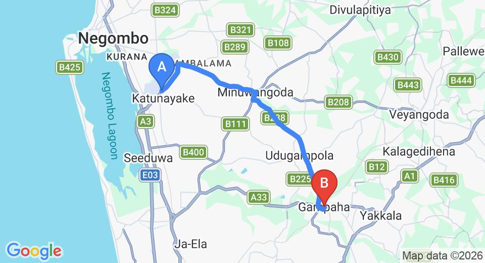 Driving route map: Colombo Airport (CMB) to Otel Chalets, Gampaha (20 km, approx 41 min private transfer)