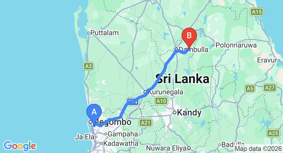 Driving route map: Colombo Airport (CMB) to Nikara Yala, Yala (146 km, approx 3 h 14 min private transfer)