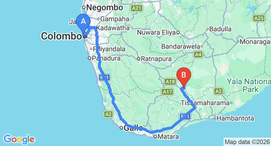 Driving route map: Colombo Seaport to Udawalawe (254 km, approx 3 h 36 min private transfer)