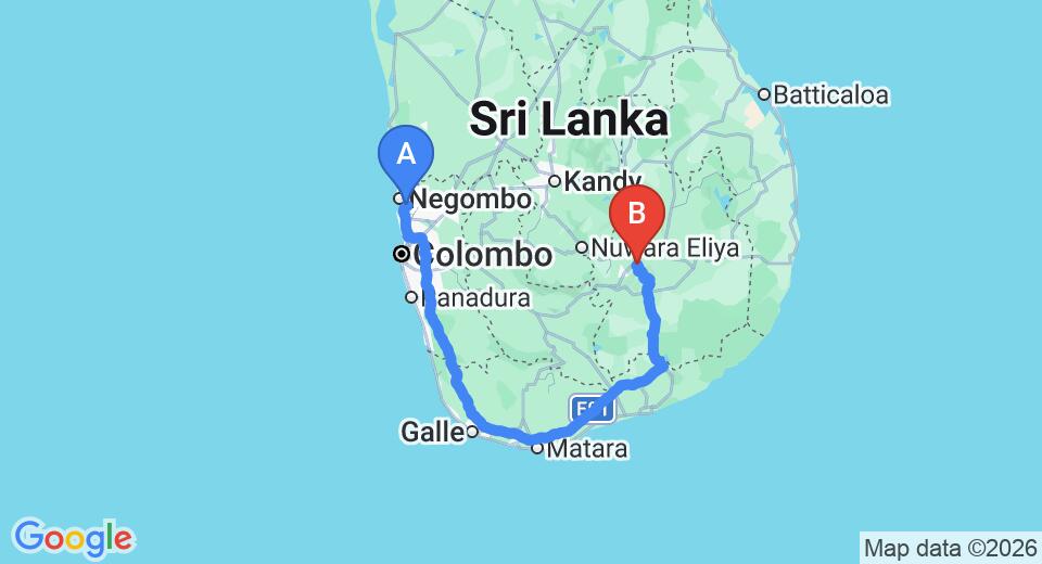 Driving route map: Colombo Airport (CMB) to Ella Rock House, Ella (336 km, approx 4 h 58 min private transfer)