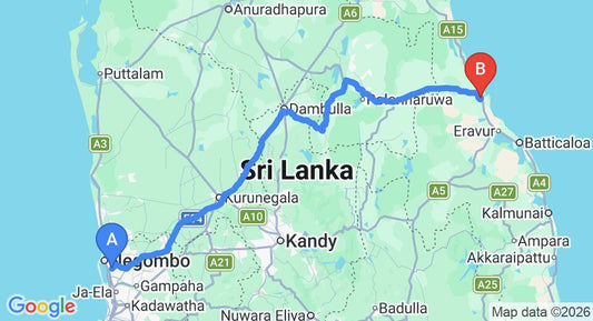 Driving route map: Colombo Airport (CMB) to Valaichenai (261 km, approx 5 h 19 min private transfer)