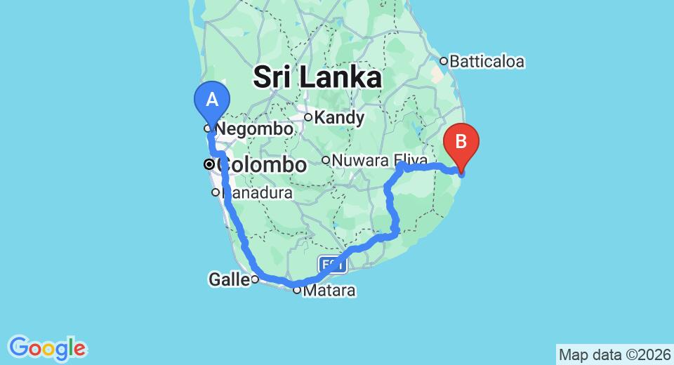 Driving route map: Colombo Airport (CMB) to Arugambay Beach Resort, Arugam Bay (417 km, approx 6 h 25 min private transfer)