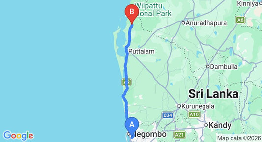 Driving route map: Colombo Airport (CMB) to Mahoora Safari Camping, Wilpattu (137 km, approx 3 h 20 min private transfer)