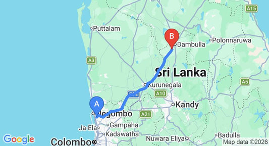 Driving route map: Colombo Airport (CMB) to Talakiriyagama (123 km, approx 2 h 38 min private transfer)