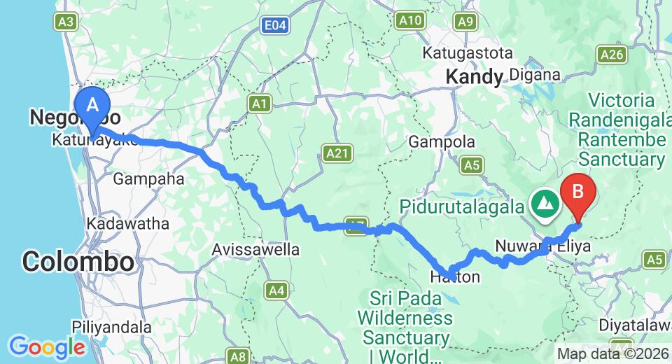 Driving route map: Colombo Airport (CMB) to Goatfell, Nuwara Eliya (166 km, approx 5 h 15 min private transfer)