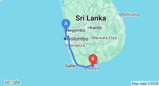 Driving route map: Colombo Airport (CMB) to Goyambokka Guest House, Tangalle (212 km, approx 2 h 54 min private transfer)