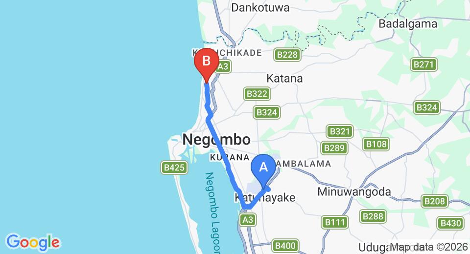 Driving route map: Colombo Airport (CMB) to Suriya Arana, Negombo (14 km, approx 34 min private transfer)