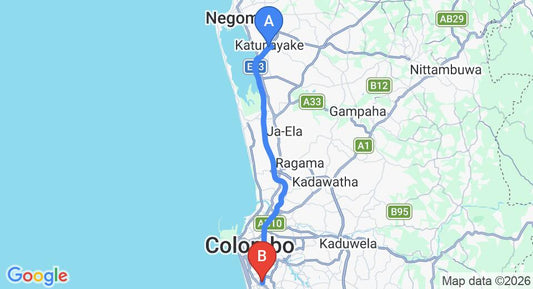 Driving route map: Colombo Airport (CMB) to Kirulapana (36 km, approx 50 min private transfer)