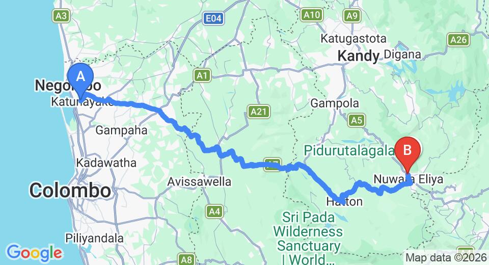 Driving route map: Colombo Airport (CMB) to Westminster House, Nuwara Eliya (154 km, approx 4 h 45 min private transfer)