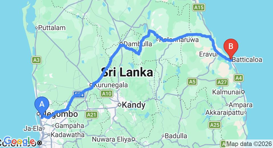 Driving route map: Colombo Airport (CMB) to Hotel Bridge View, Batticaloa (294 km, approx 6 h 9 min private transfer)
