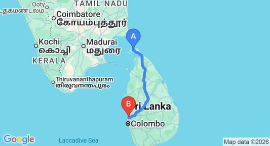 Driving route map: Jaffna (JAF) Airport to Katunayake (383 km, approx 7 h 34 min private transfer)