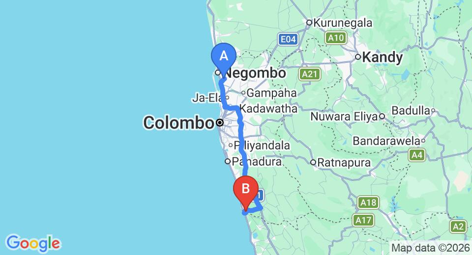 Driving route map: Colombo Airport (CMB) to Bentota Waterside, Bentota (109 km, approx 1 h 44 min private transfer)