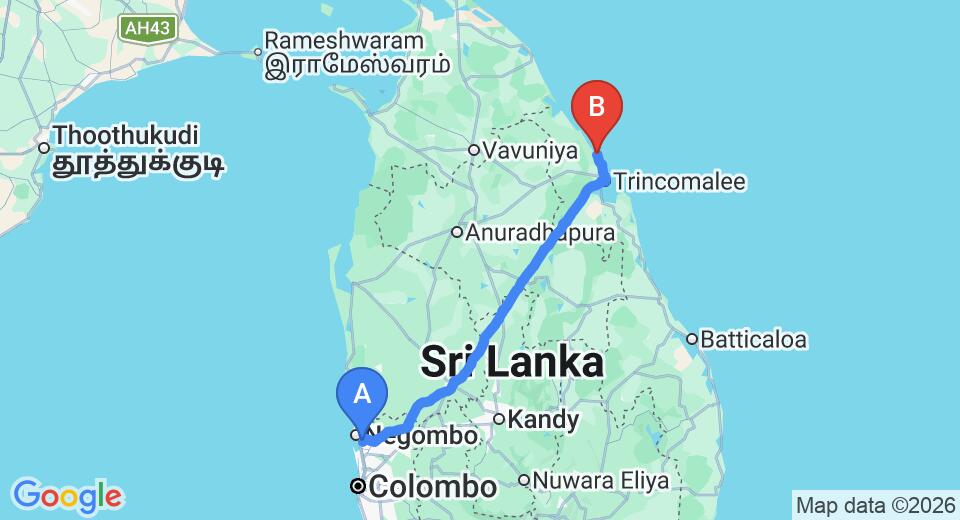 Driving route map: Colombo Airport (CMB) to Vista Bay Beach Hotel, Nilaveli (253 km, approx 5 h 12 min private transfer)