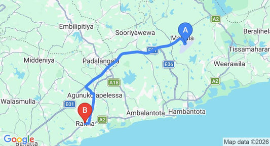 Driving route map: Mattala (HRI) Airport to Ranna (45 km, approx 42 min private transfer)