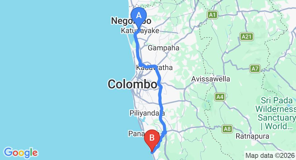 Driving route map: Colombo Airport (CMB) to Anantaya Waskaduwa, Waskaduwa (78 km, approx 1 h 22 min private transfer)