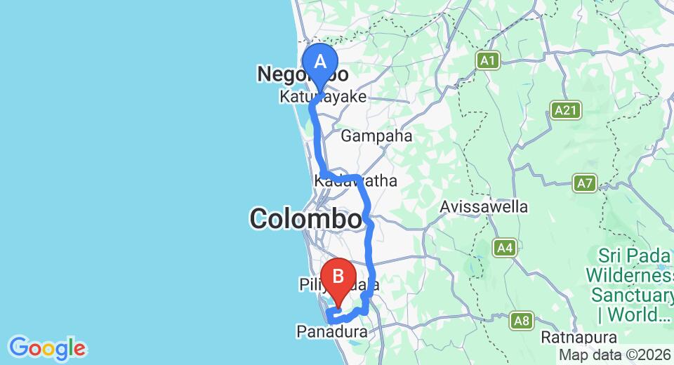 Driving route map: Colombo Airport (CMB) to Villa 14 Bolgoda, Panadura (74 km, approx 1 h 51 min private transfer)