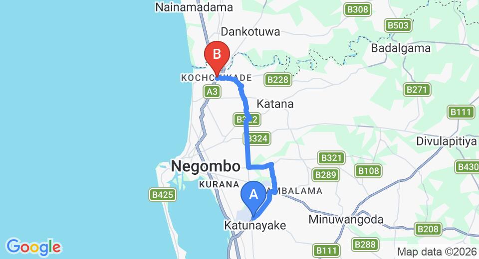 Driving route map: Colombo Airport (CMB) to Waves By Tranquil, Kochchikade (16 km, approx 34 min private transfer)
