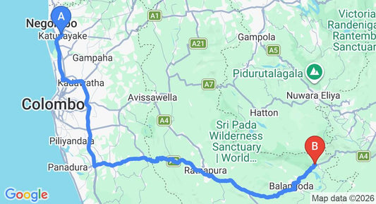 Driving route map: Colombo Airport (CMB) to Back of Beyond - Belihul Oya, Belihuloya (179 km, approx 4 h 8 min private transfer)