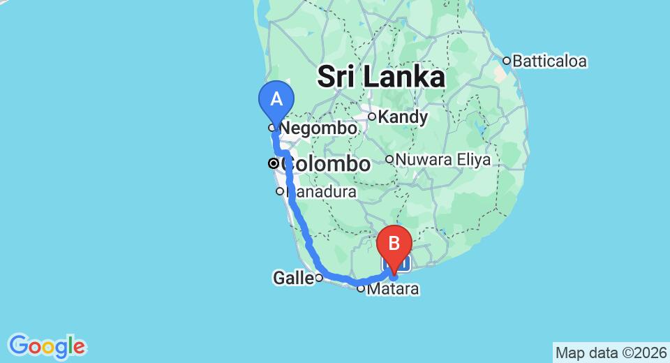 Driving route map: Colombo Airport (CMB) to Sandy Cabanas, Tangalle (218 km, approx 2 h 57 min private transfer)