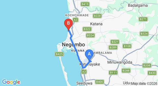 Driving route map: Colombo Airport (CMB) to Camelot Beach Hotel, Negombo (13 km, approx 30 min private transfer)