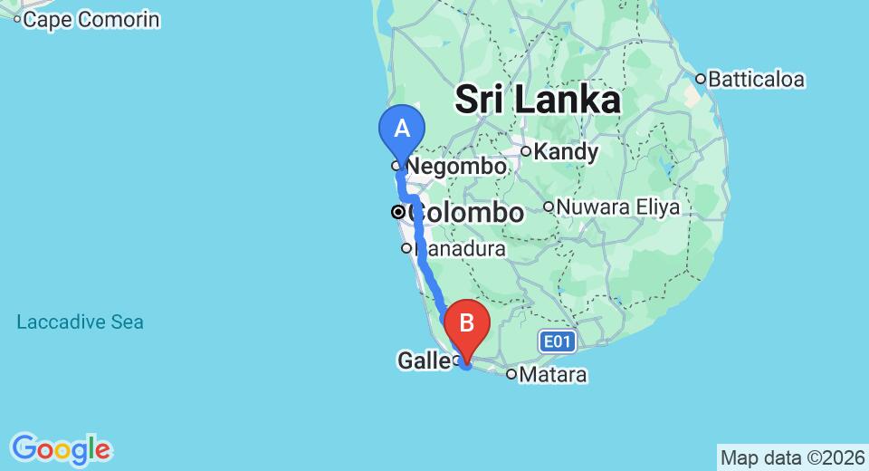 Driving route map: Colombo Airport (CMB) to Footprints, Talpe (156 km, approx 2 h 15 min private transfer)