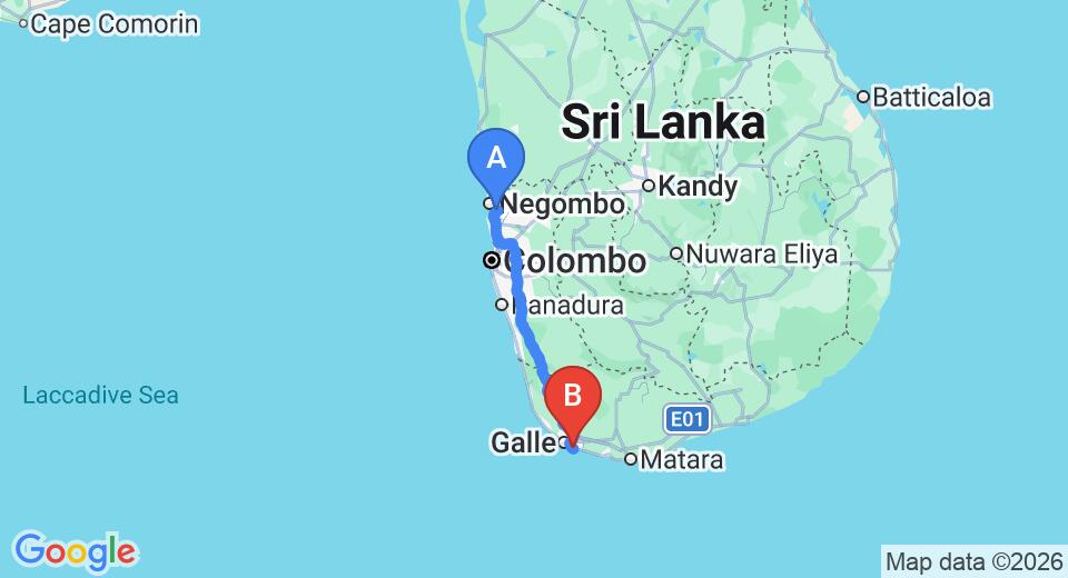 Driving route map: Colombo Airport (CMB) to Kikili Beach, Talpe (154 km, approx 2 h 10 min private transfer)