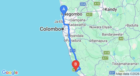 Driving route map: Colombo Airport (CMB) to Shinagawa Beach by Asia Leisure, Hikkaduwa (142 km, approx 2 h 5 min private transfer)