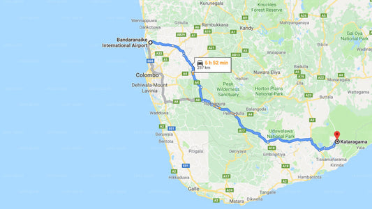 Transfer between Colombo Airport (CMB) and Kekunawela Jungle Lodge, Kataragama