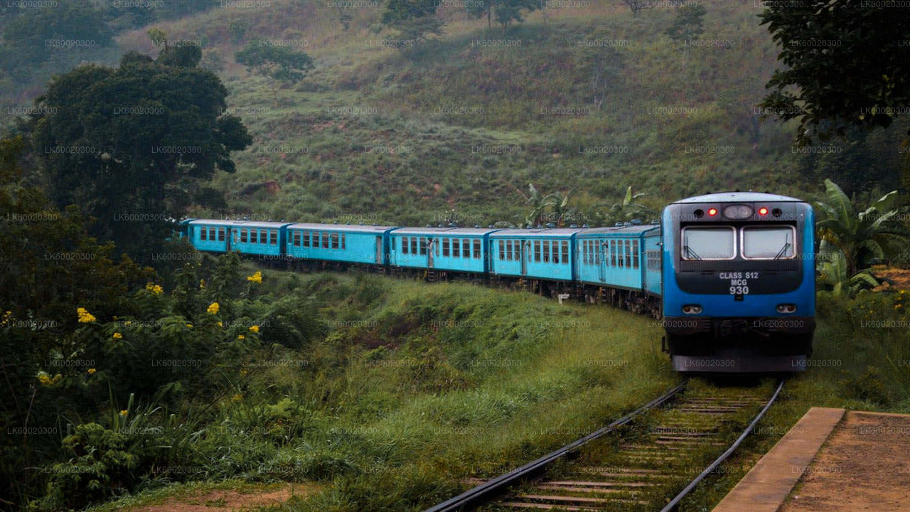 Blue train traveling through lush green hills and tea plantations on a railway track in Sri Lanka.